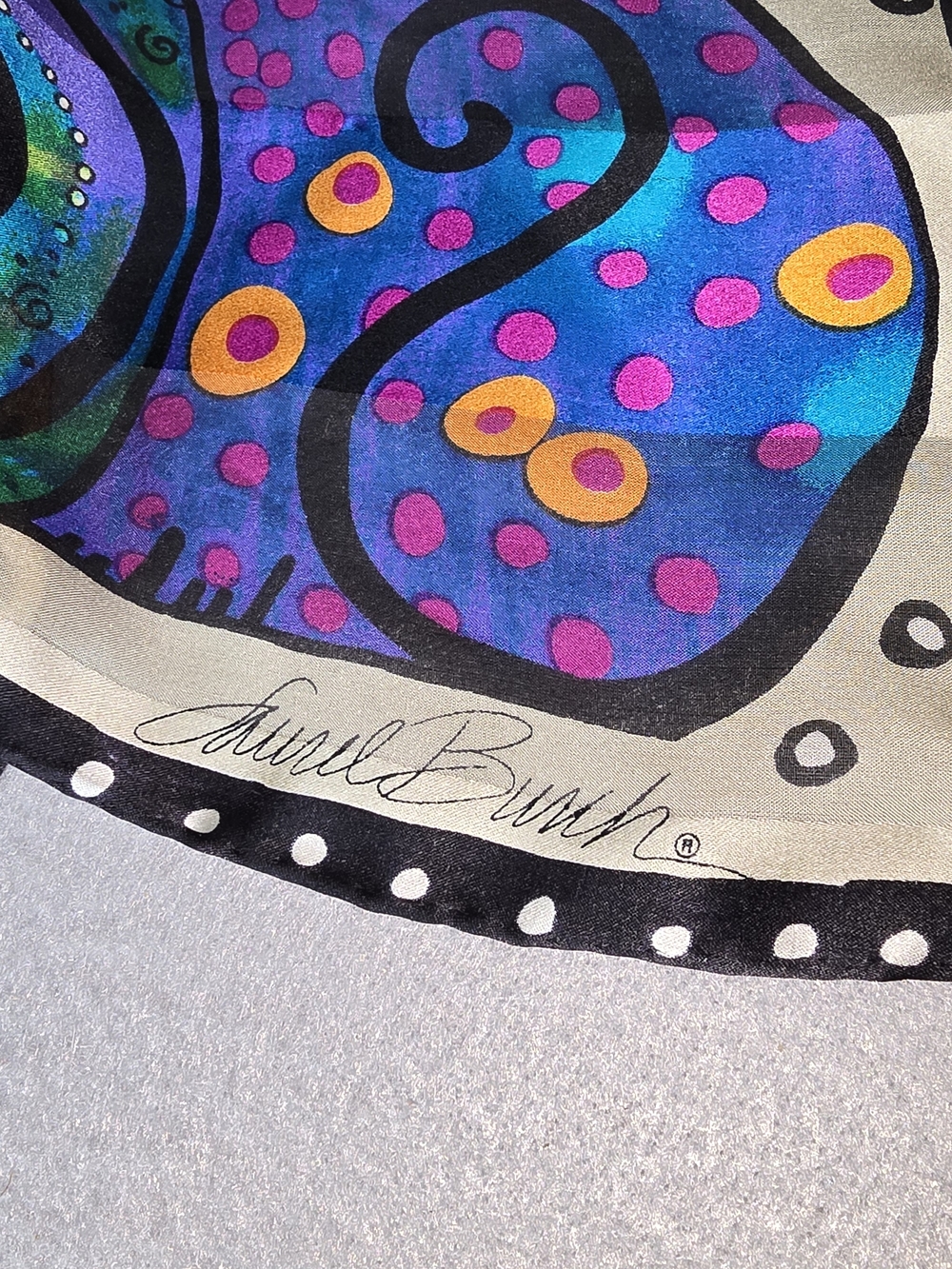 Vtg Laurel Burch Bold Multicolor Cat Dog Silk Scarf with Teal, Purple & Pink - Picture 4 of 7